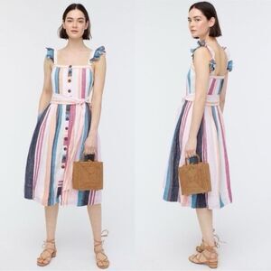 NWT J Crew 100% Linen Stripe Ruffle Strap Button Up Tank Midi Dress Size 22